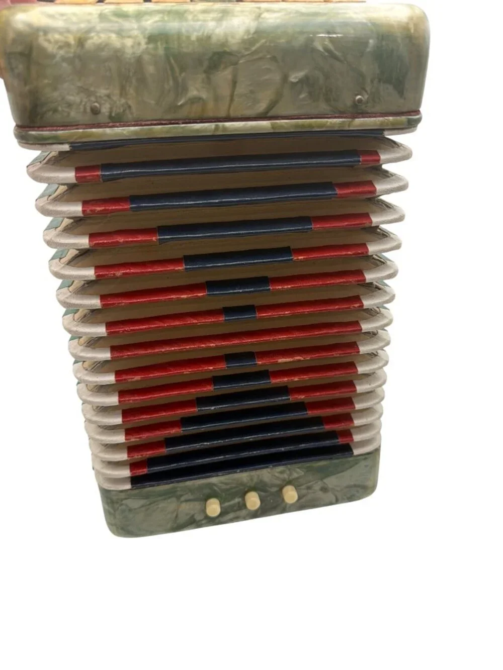Vintage Child-Sized Accordion With Marbleized Green Finish Red & Blue Bellows An